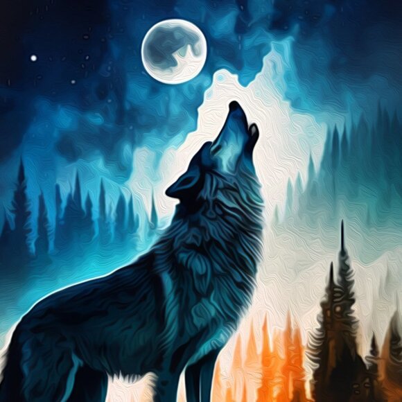8x8 Wolf Howling at‎ the Moon Midnight Watercolor Oil Painting Art Print - Picture 4 of 6